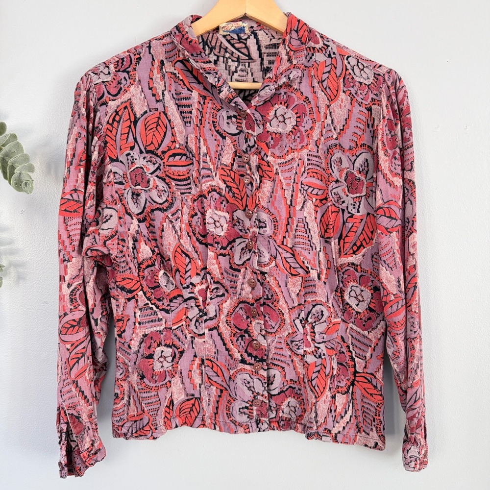 Adini Blouse Boho Dark Academia Fairy Pink Purple Abstract Floral Button Up